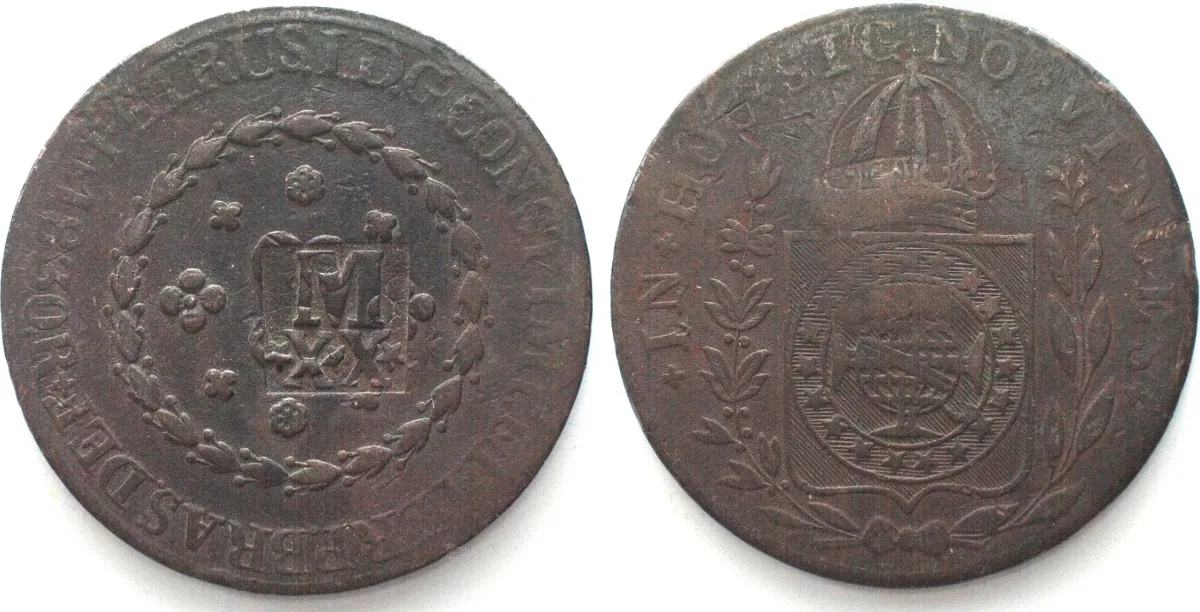 1835 BRAZIL - MARANHAO 20 Reis 1835, countermarked 80 Reis 1830 R, PEDRO II copper VF(EF)
