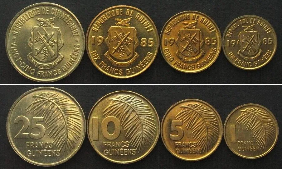 1985-1987 GUINEA 1, 5, 10 Francs 1985, 25 Francs 1987, UNC