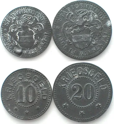 1916-1924 Germany ZELL IM WIESENTAL 10 & 20 Pfennig ND (1916-1924), NOTGELD zinc XF EF