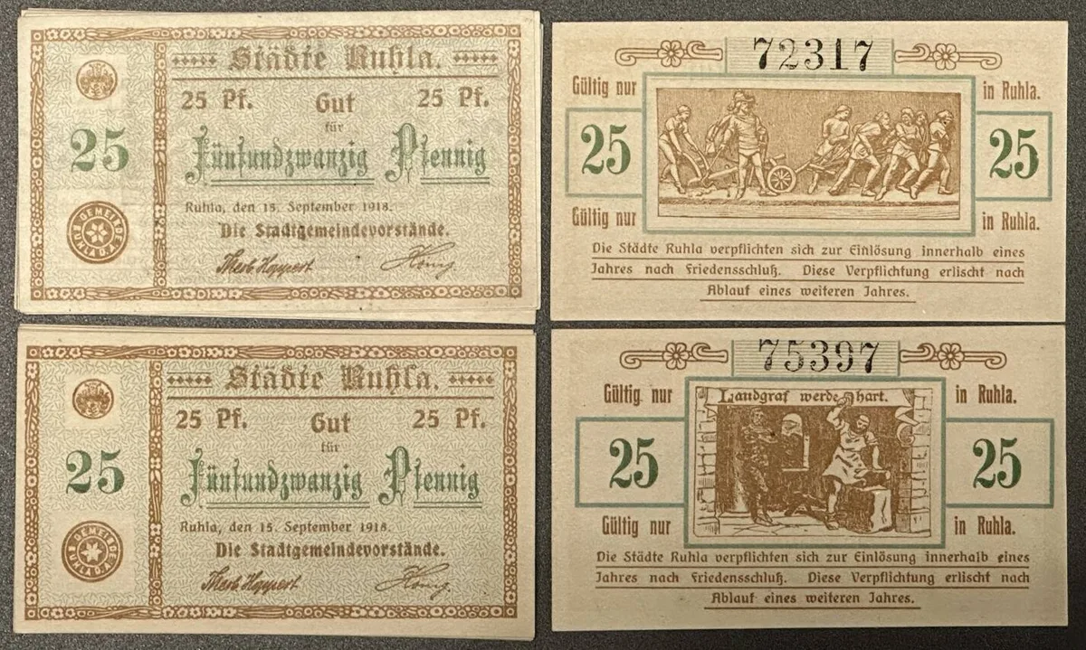 1918 GERMANY. Notgeld. RUHLA 9 x 25 Pfennig Frondienst & 9 x 25 Pfennig 1918 Landgraf UNC