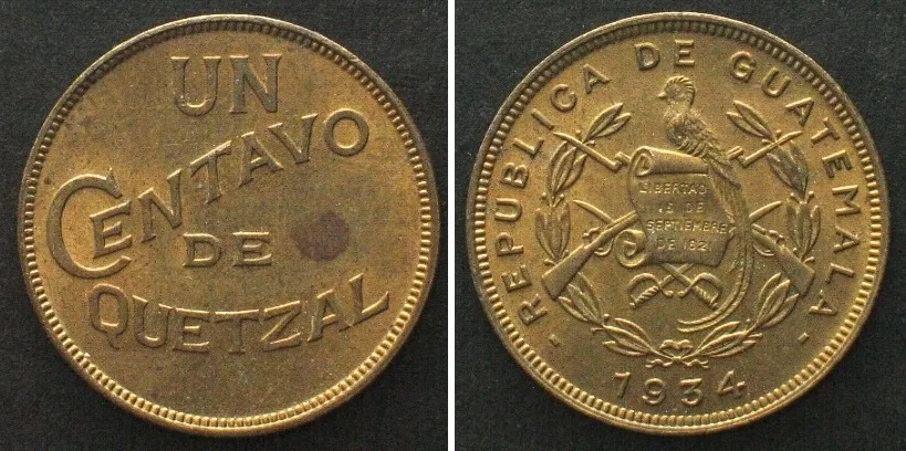 1934 GIUATEMALA. 1 Centavo 1934, brass, UNC!