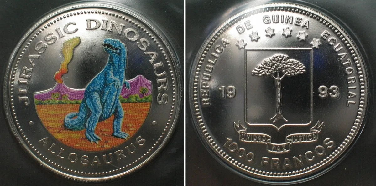 1993 EQUATORIAL GUINEA 1000 Francos 1993 Allosaurus DINOSAURS Cu-Ni COLORED Proof