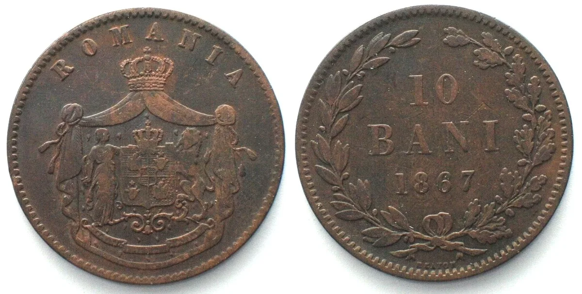 1867 ROMANIA 10 Bani 1867 Heaton, CAROL I copper VF
