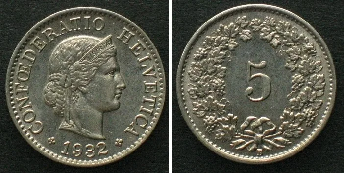 1932 SWITZERLAND 5 Rappen 1932 nickel UNC!