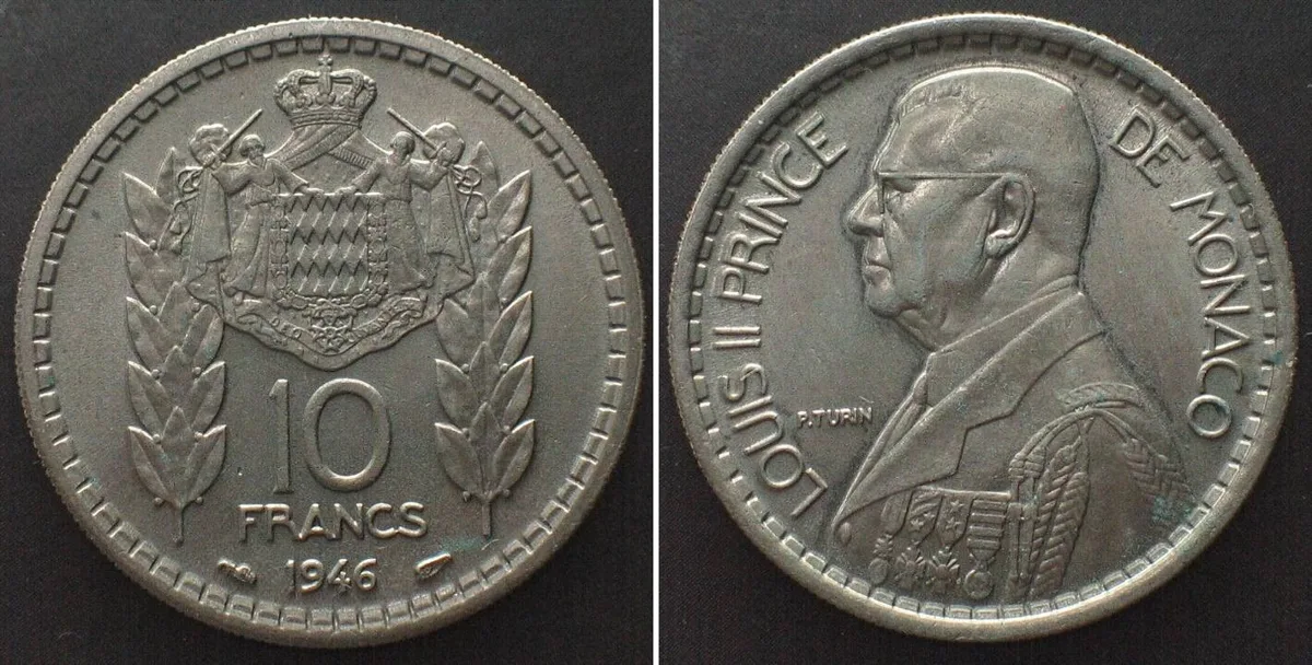 1946 MONACO 10 Francs 1946 LOUIS II Cu-Ni UNC!
