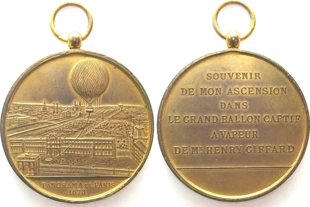 1878 WORLD EXHIBITION PARIS 1878 BALLON ASCENT by HENRY GIFFARD bronze gilt 51mm AU