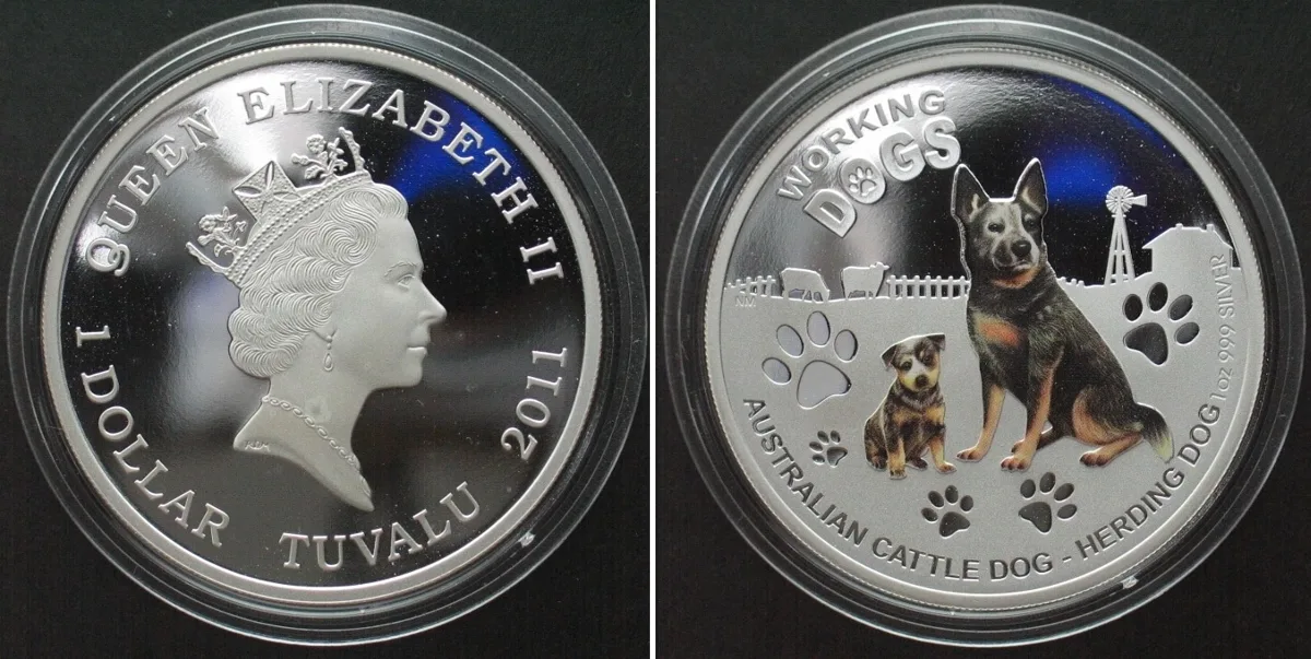 2011 TUVALU. 1 $ 2011 Australian cattle dog WORKING DOGS silver 1 oz colored, Proof