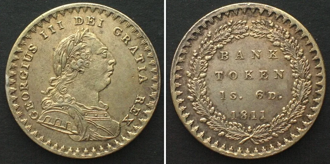 1814 GREAT BRITAIN 1 Shilling 6 Pence 1811 Bank Token GEORGE III silver UNC-!