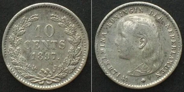 1897 NETHERLANDS 10 Cents 1897 WILHELMINA silver XF! EF