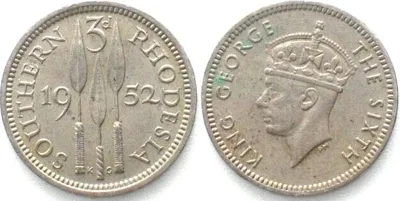 1952 SOUTHERN RHODESIA 3 Pence 1952 GEORGE VI Cu-Ni AU!