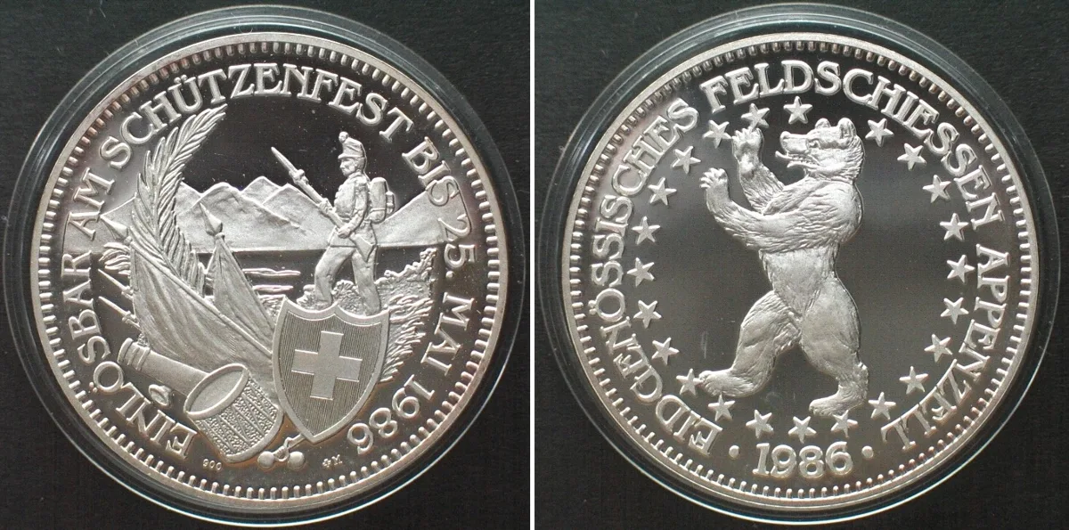 1986 Swiss APPENZELL 50 Francs 1986 SHOOTING FESTIVAL silver Proof