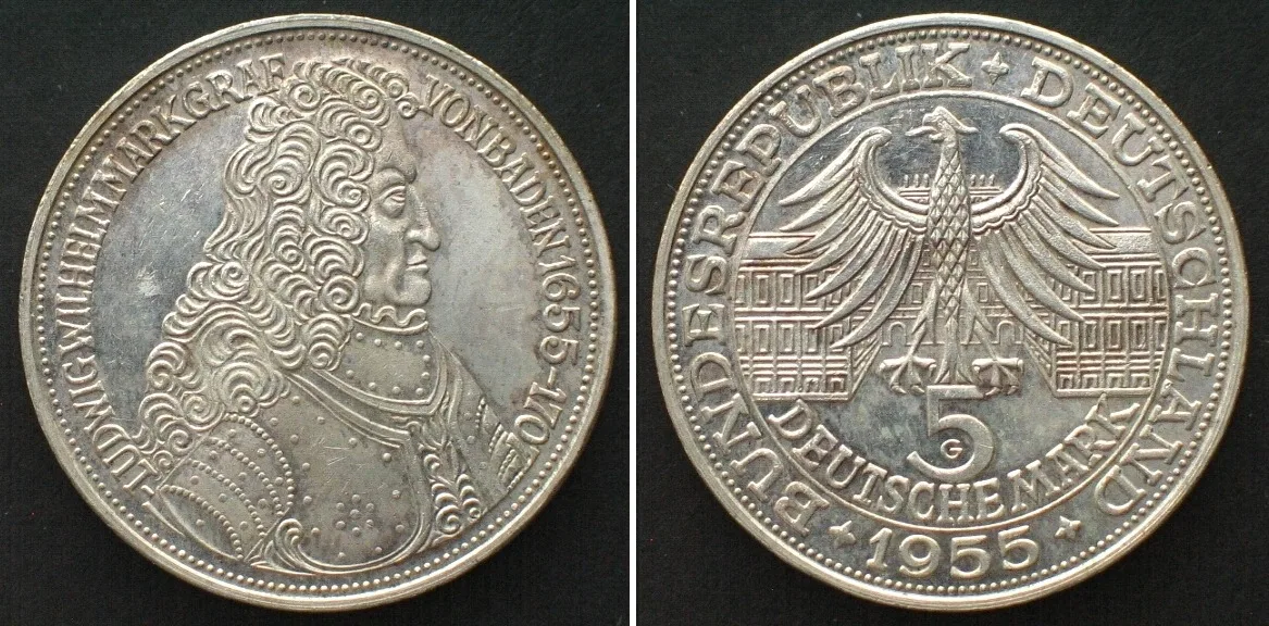 1955 GERMANY 5 Mark 1955 G, LUDWIG von BADEN, silver UNC-