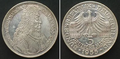 1955 GERMANY 5 Mark 1955 G, LUDWIG von BADEN, silver UNC-