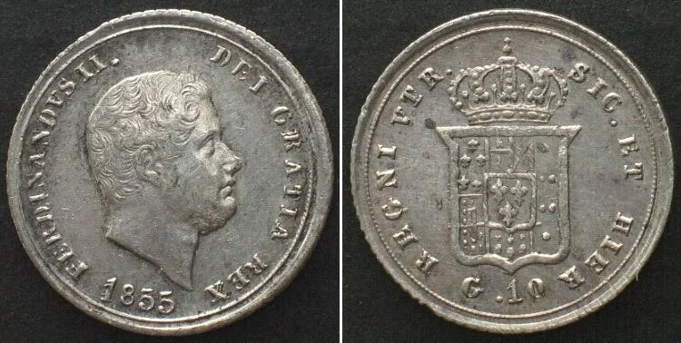 1855 Italian States TWO SICILIES. 10 Grana 1855, FERDINAND II, silver AU!