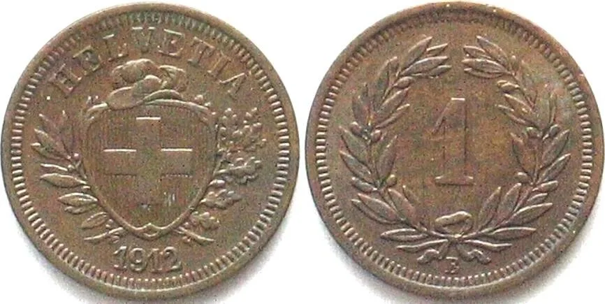 1912 SWITZERLAND 1 Rappen 1912 Bronze UNC-!