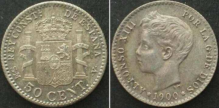 1900 SPAIN 50 Centimos 1900 (00) SM-V, ALFONSO XIII, silver UNC!