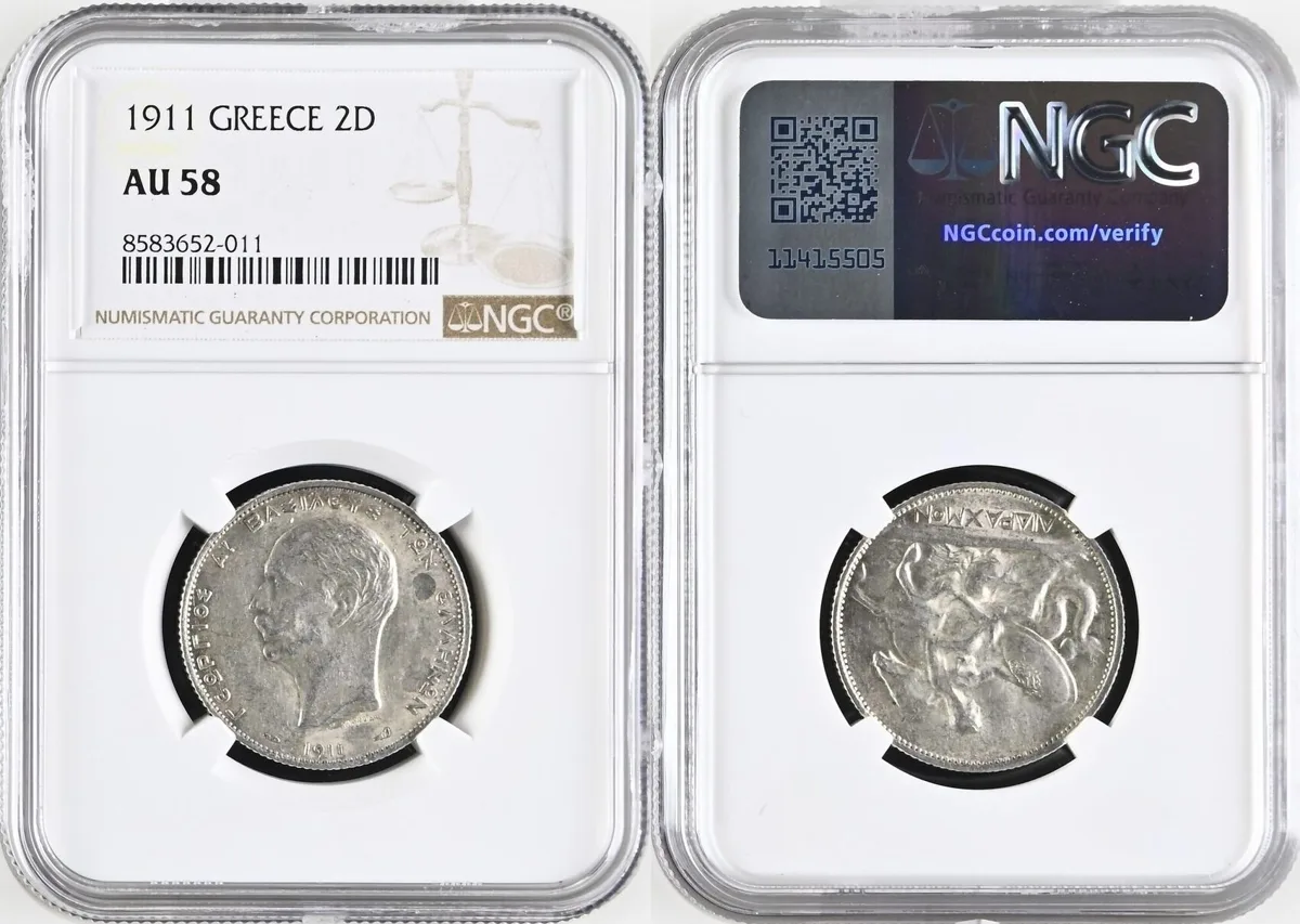 2D 1911 GREECE 2 Drachmai 1911 GEORGE I silver NGC AU 58 NGC AU 58