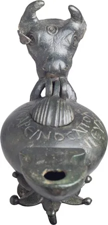 Late Roman Bronze Lamp with Greek Inscription and Bull Head Handle