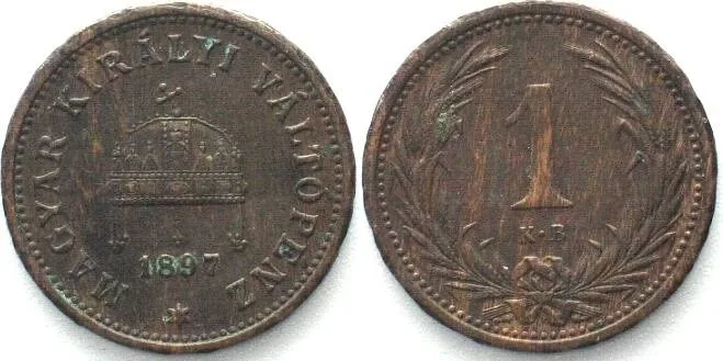 1897 HUNGARY. 1 Filler 1897 KB, FRANZ JOSEPH I, bronze, SCARCE DATE! XF EF