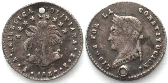 1857 BOLIVIA 1/2 Sol 1857 FJ, PTS, Potosi mint,BOLIVAR silver XF EF