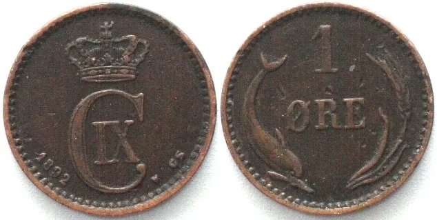 1892 DENMARK. 1 Ore 1892, CHRISTIAN IX, bronze KEY DATE! RARE! VF+