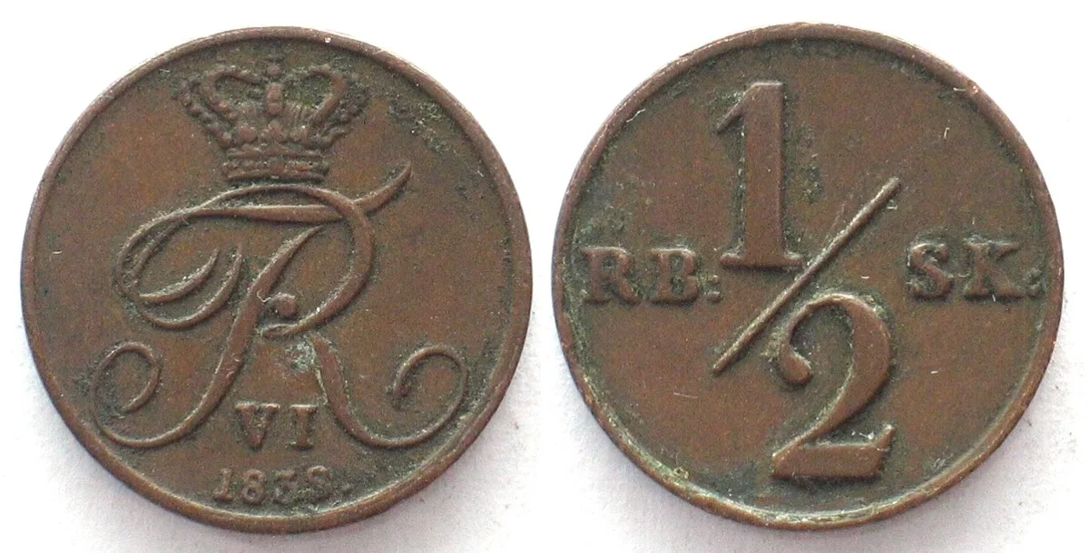 1838 DENMARK 1/2 Rigsbankskilling 1838 FREDERIK VI copper VF-XF VF-EF