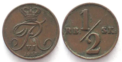 1838 DENMARK 1/2 Rigsbankskilling 1838 FREDERIK VI copper VF-XF VF-EF