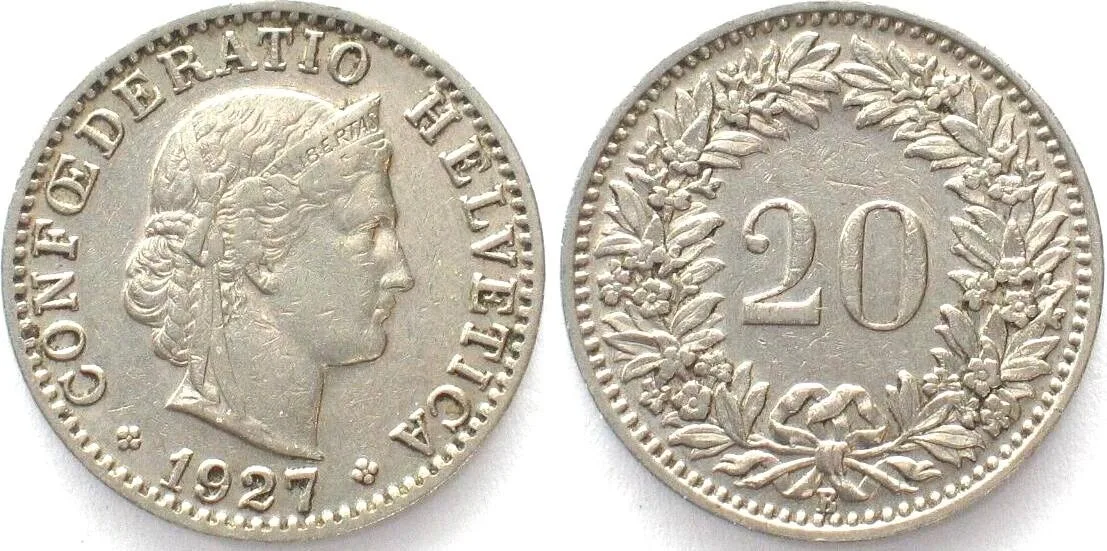 1927 SWITZERLAND 20 Rappen 1927 nickel XF! EF