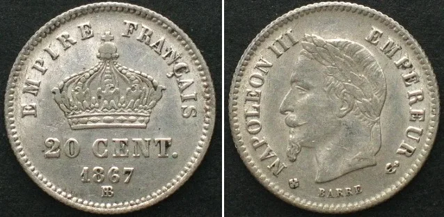1867 FRANCE 20 Centimes 1867 BB, Strasbourg, NAPOLEON III silver AU!