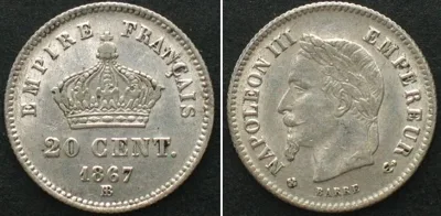 1867 FRANCE 20 Centimes 1867 BB, Strasbourg, NAPOLEON III silver AU!
