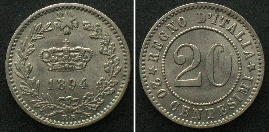 1894 ITALY. 20 Centesimi 1894 KB, Cu-Ni UNC!!!