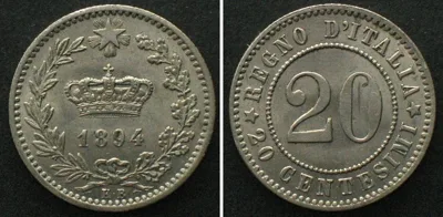 1894 ITALY. 20 Centesimi 1894 KB, Cu-Ni UNC!!!