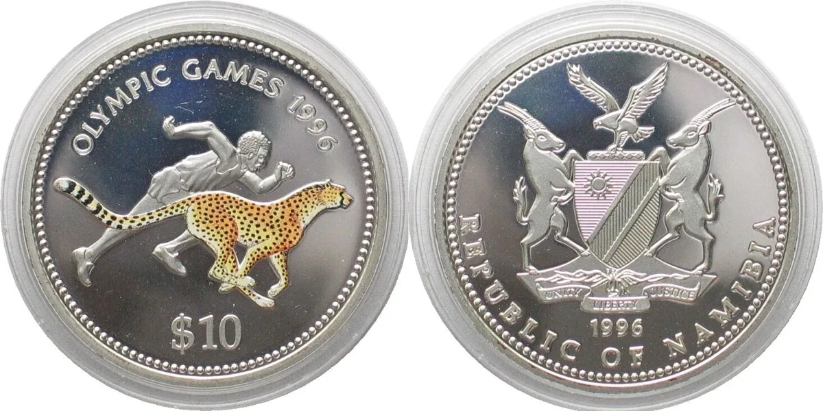 1996 NAMIBIA 10 Dollars 1996 Runner & cheetah OLYMPICS silver Proof