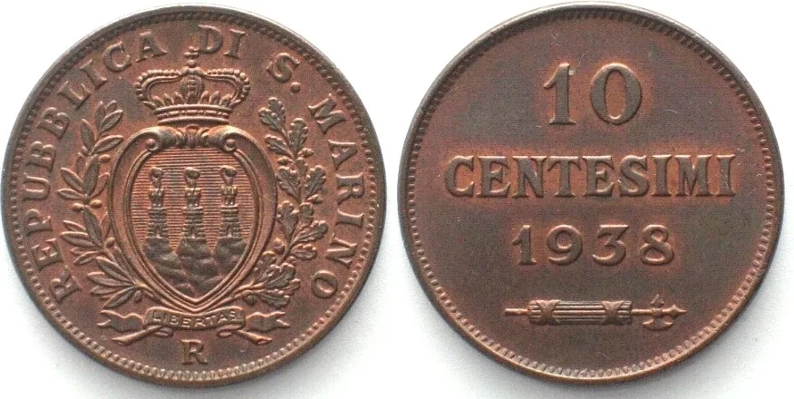 1938 SAN MARINO 10 Centesimi 1938 bronze UNC-!