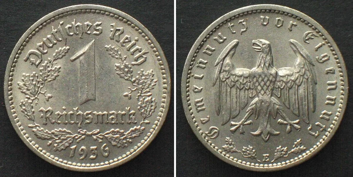 1 Reichsmark 1936 German THIRD REICH 1 Reichsmark 1936 E, nickel, SCARCE DATE! AU!
