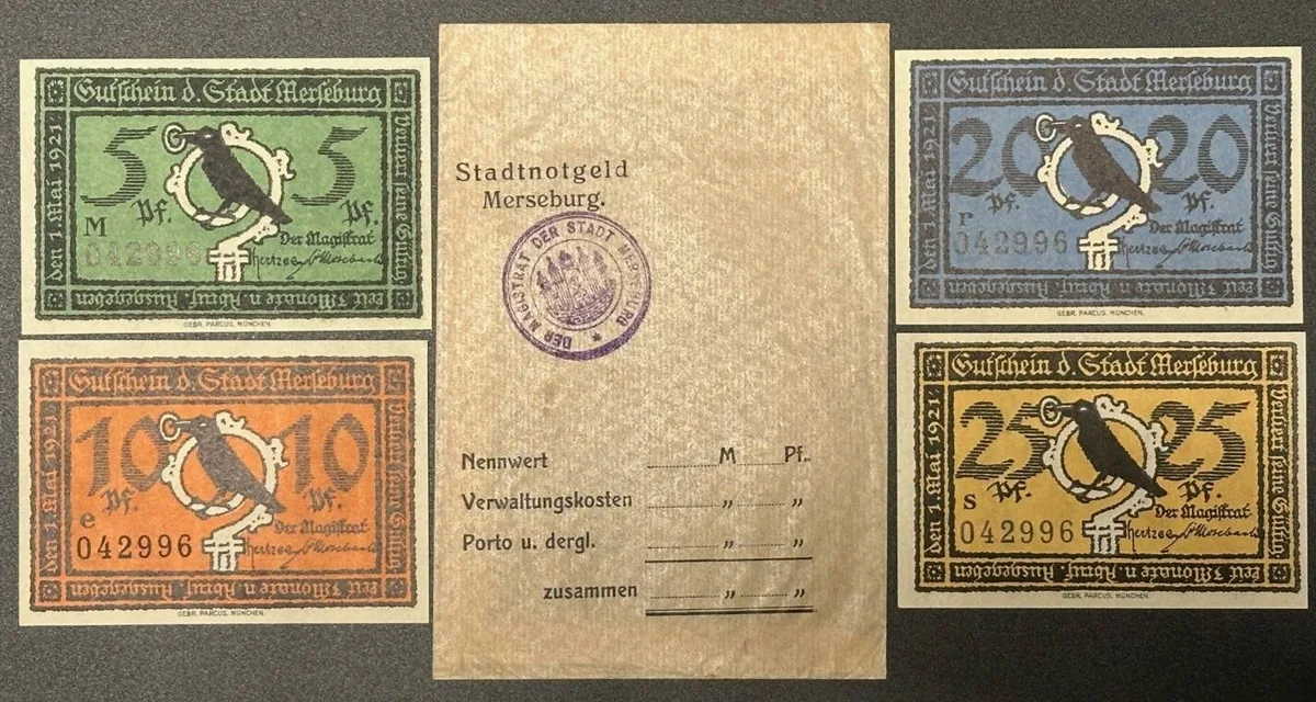 1919 GERMANY Notgeld. MERSEBURG Set 5,10,20,25 Pfennig 1.5.1921 w. original paper bag UNC