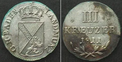 1811 German States BADEN 3 Kreuzer 1811 KARL FRIEDRICH billon AU!