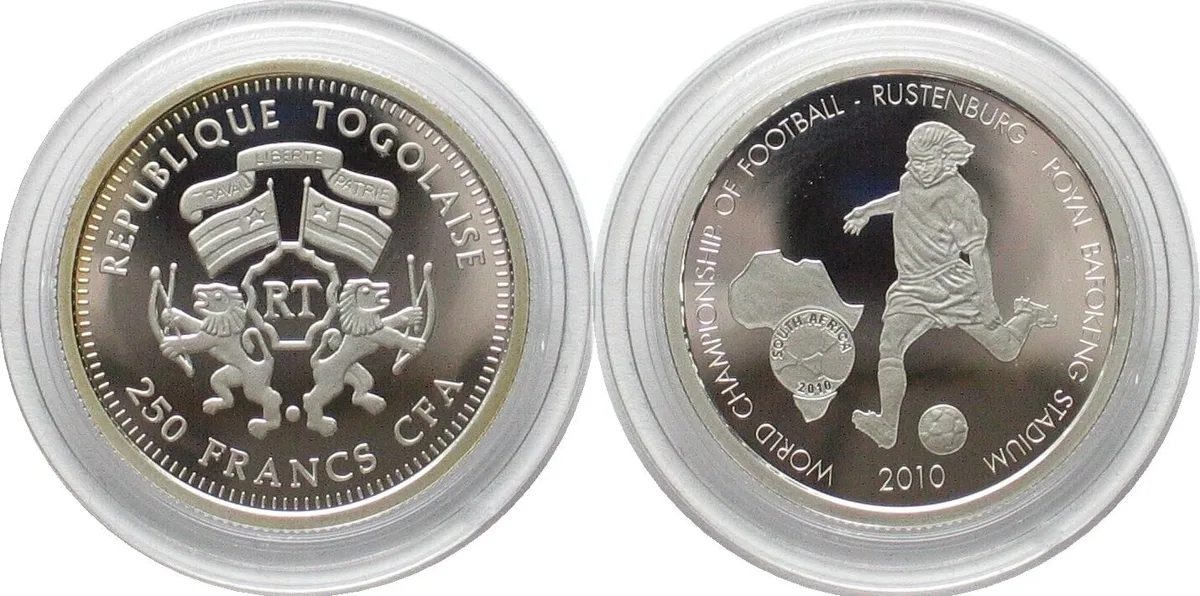2010 TOGO 250 Francs 2010, Soccer World Cup, ROYAL BAFOKENG Rustenburg silver, RARE! Proof