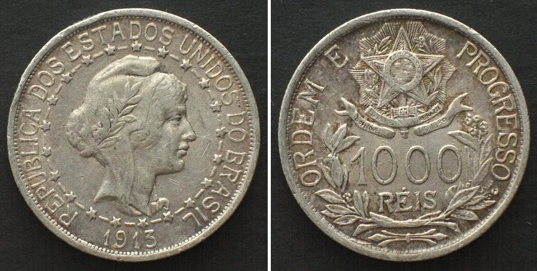 1913 BRAZIL 1000 Reis 1913 silver AU!