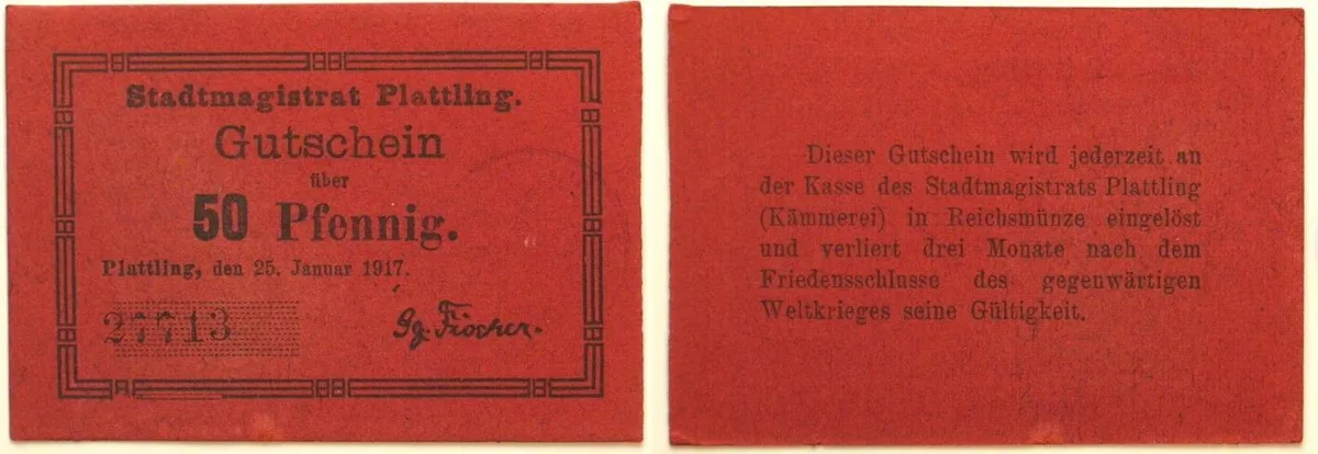 1917 GERMANY. Notgeld. PLATTLING (Bavaria) 50 Pfennig 1917 UNC