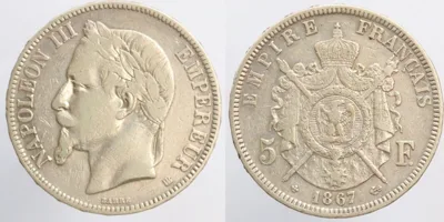 France 5 Francs 1867 BB Strasbourg, Silver, Gadoury:739, KM:799.2