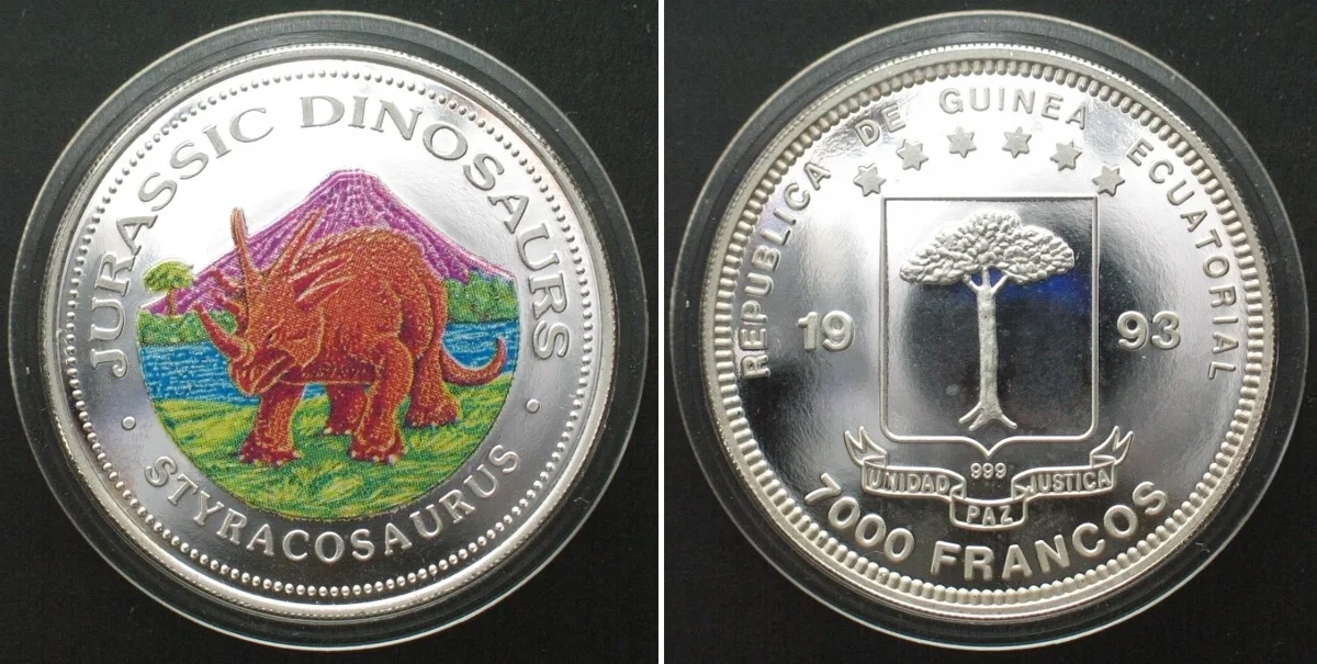 1993 EQUATORIAL GUINEA 7000 Francos 1993 Styracosaurus DINOSAURS silver COLOUR Proof