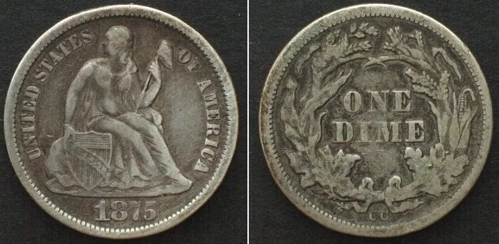 1875 US 1875 CC Carson City mint mark under wreath SEATED LIBERTY DIME silver VF
