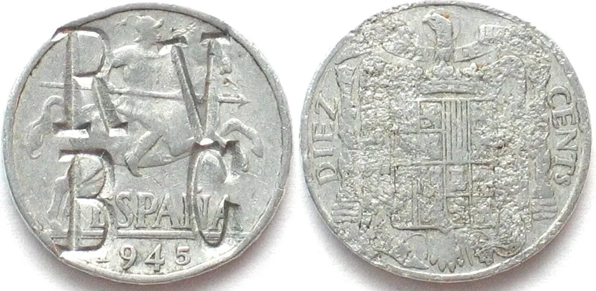 1945 RBVC countermarked SPAIN 10 Centimos 1945 propaganda coin Alu VF