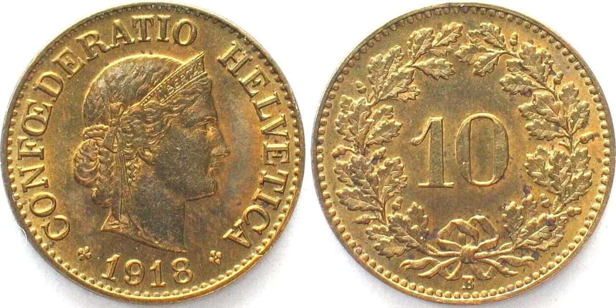 1918 SWITZERLAND 10 Rappen 1918 brass UNC!