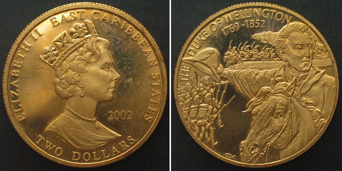 2002 EAST CARIBBEAN STATES 2 Dollars 2002 DUKE OF WELLINGTON Cu-Ni gilt Proof