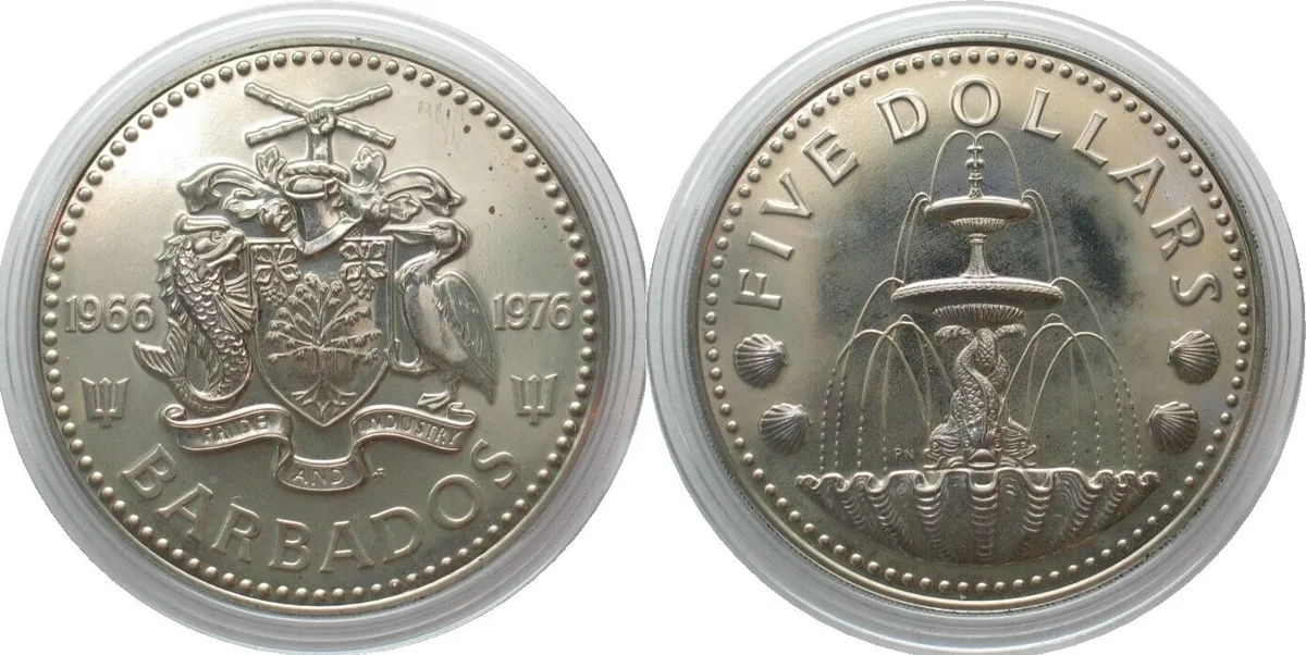 1976 BARBADOS 5 $ 1976 FM (U) Shell Fountain 10TH ANN. INDEPENDENCE Cu-Ni Prooflike