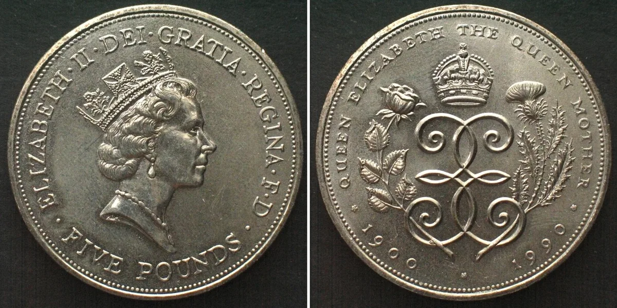 1990 GREAT BRITAIN 5 Pounds 1990 QUEEN MOTHER 90th BIRTHDAY Cu-Ni Prooflike