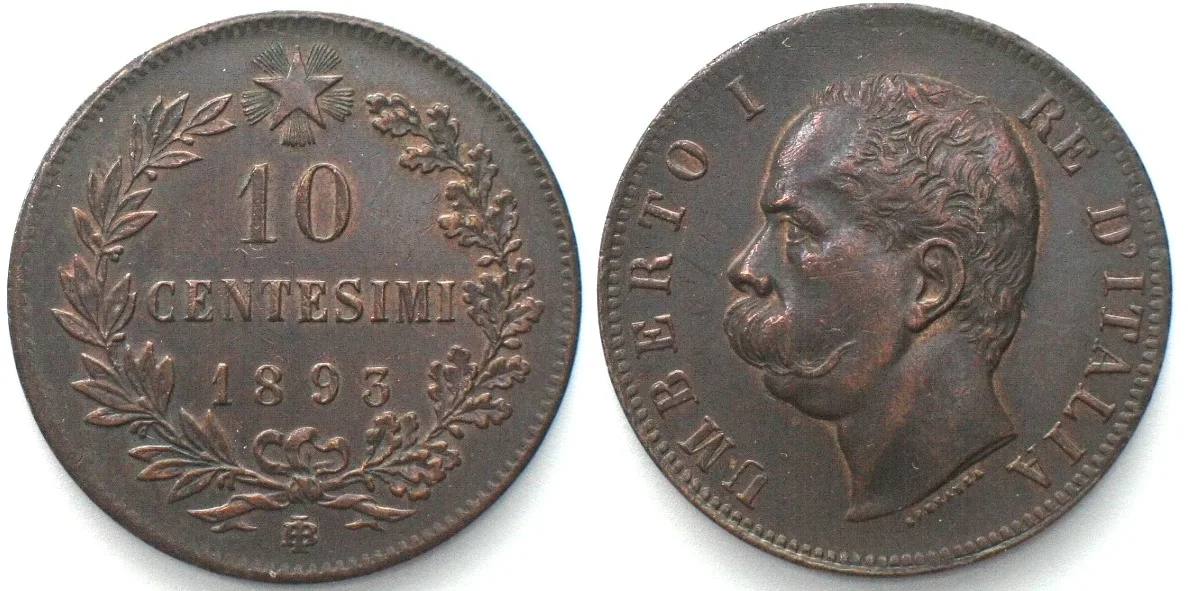 1893 ITALY. 10 Centesimi 1893 B/I, UMBERTO I copper AU!