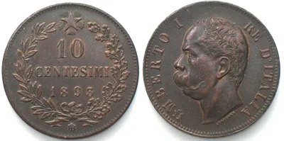 1893 ITALY. 10 Centesimi 1893 B/I, UMBERTO I copper AU!